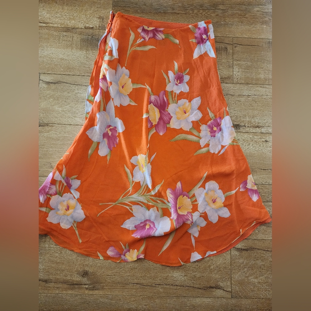 Lauren Ralph Lauren 100% Silk Faux Wrap Floral Midi Lined Skirt Sz S Lightweight - Picture 8 of 8